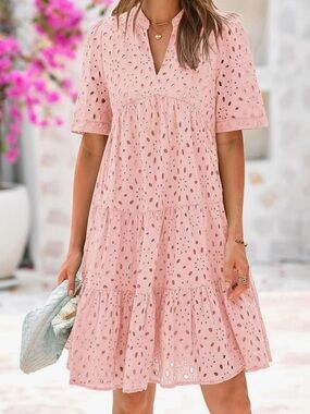 Women's Pink Eyelet Tiered Dress